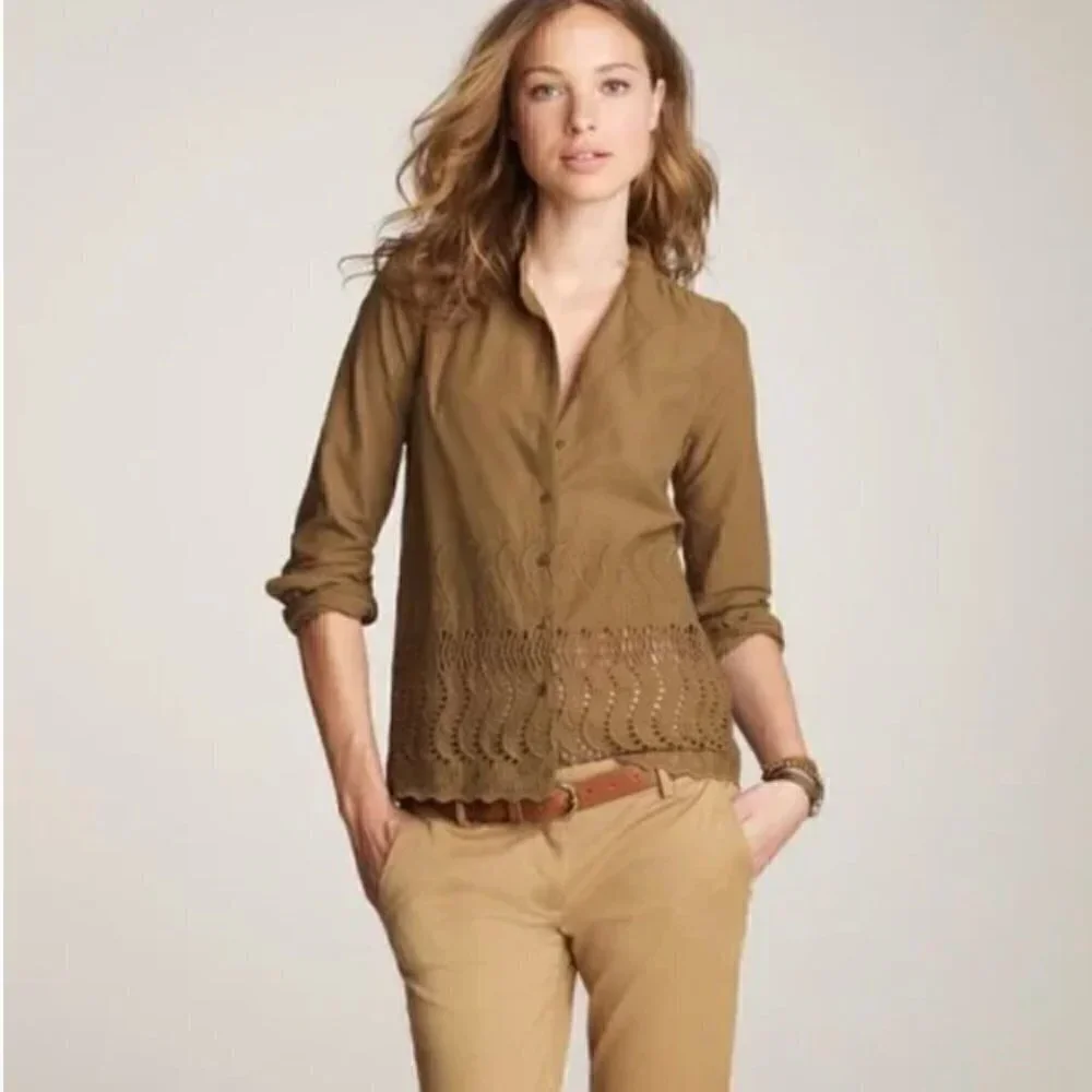 J. Crew Women's Sz 0 Delaney Eyelet-Trim Shirt Spiced Olive Green Tan Collarless
